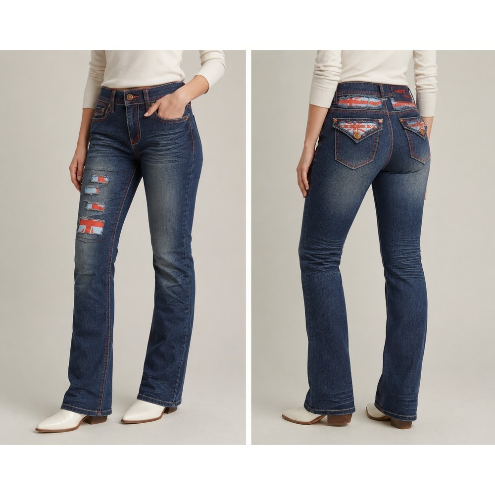 MTL Jeans Distressed Union Jack Patch Straight Stretch Jeans Women Size 5/6